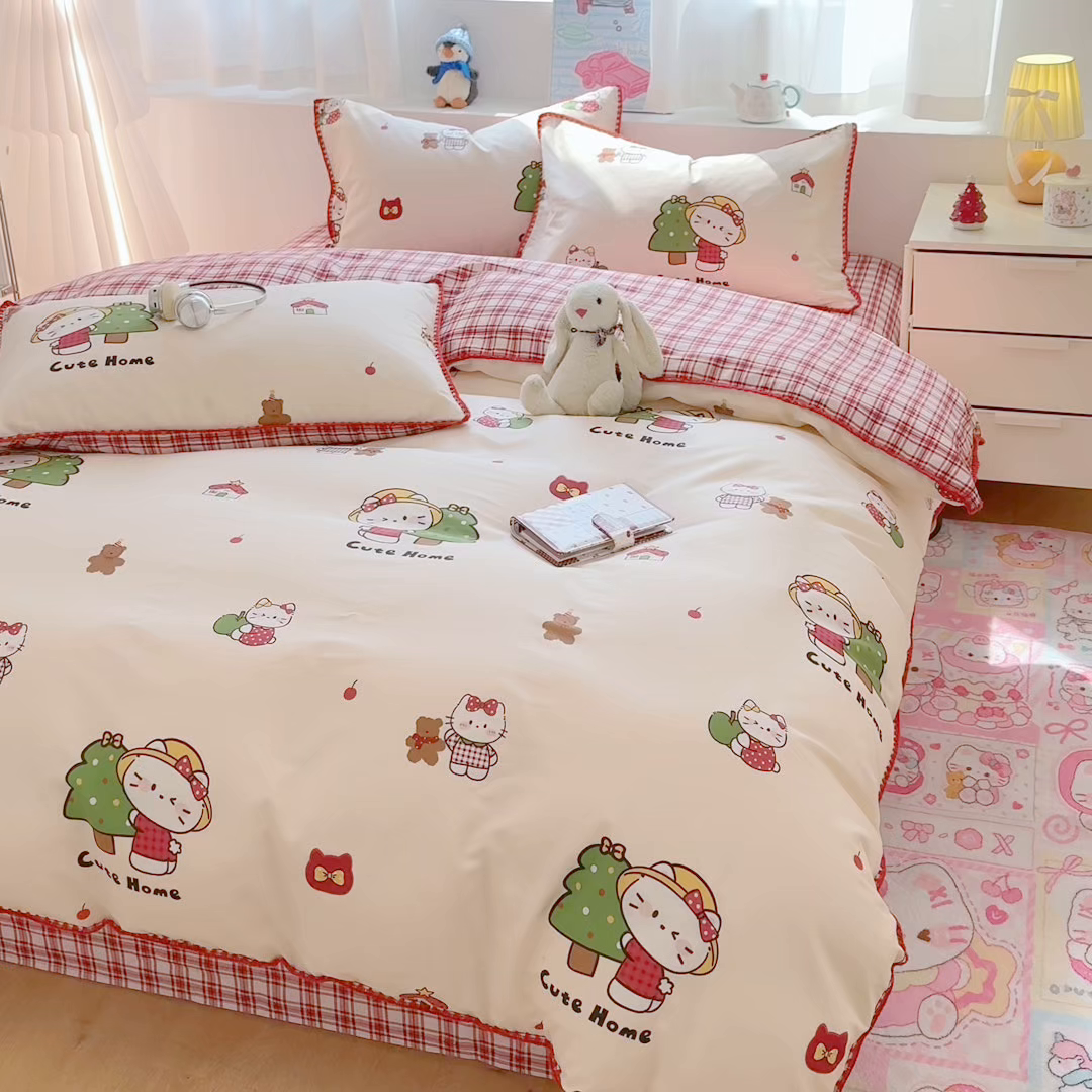 91家纺网 家纺一手货源 找家纺 简宜家居（朝初家纺） 2026新款贝壳边卡通可爱纯棉全棉四件套 红莓树屋