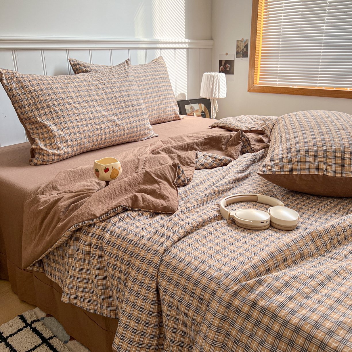 91家纺网 家纺一手货源 找家纺 禾沐  2026新款泡芙纱夏被四件套简单款 古典格