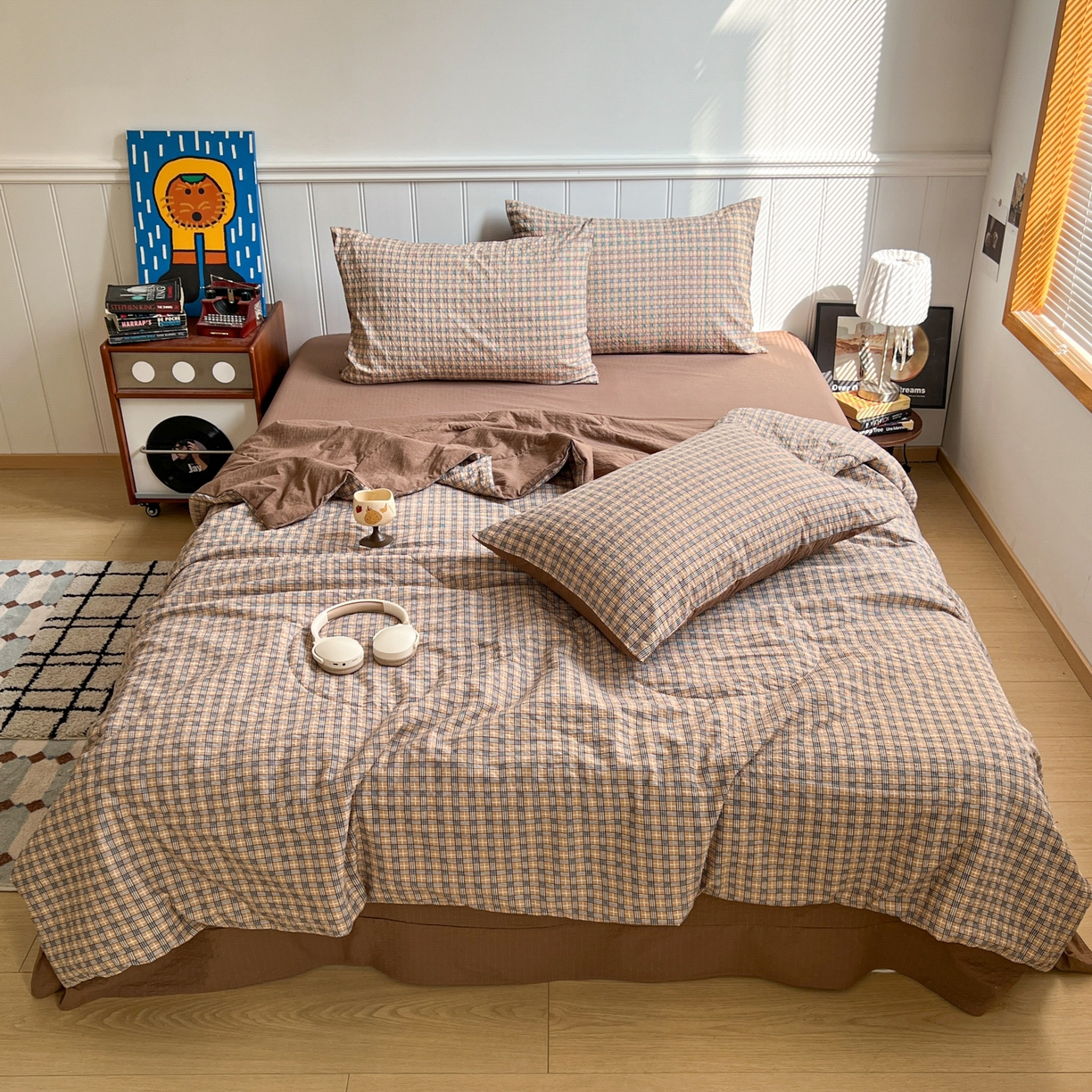 91家纺网 家纺一手货源 找家纺 禾沐  2026新款泡芙纱夏被四件套简单款 古典格