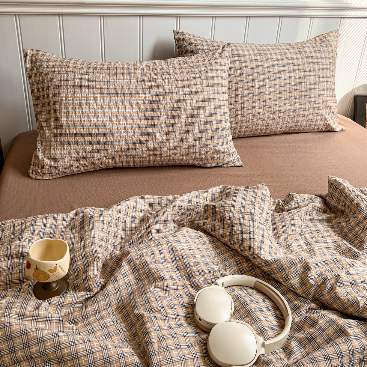 91家纺网 家纺一手货源 找家纺 禾沐  2026新款泡芙纱夏被四件套简单款 古典格