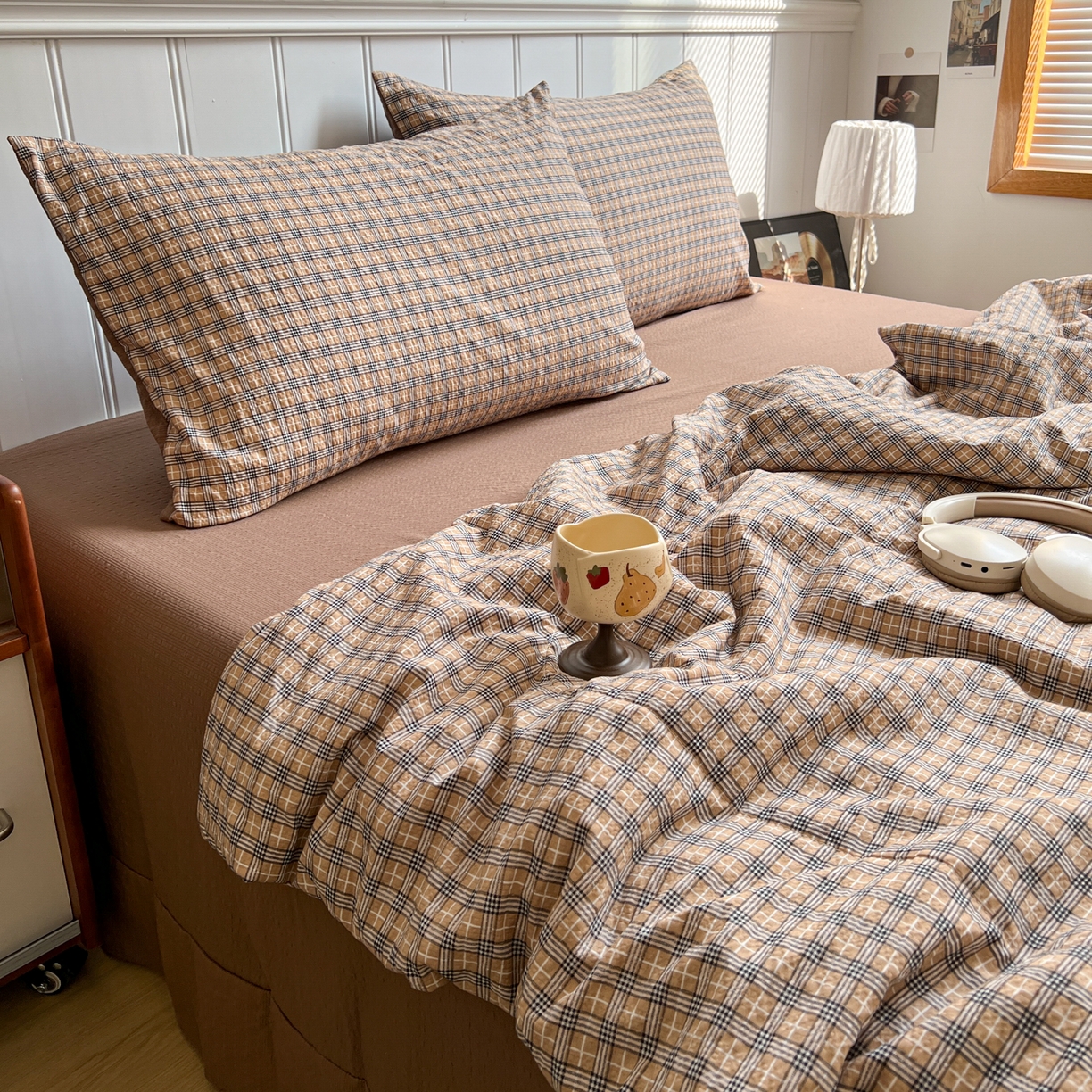 91家纺网 家纺一手货源 找家纺 禾沐  2026新款泡芙纱夏被四件套简单款 古典格