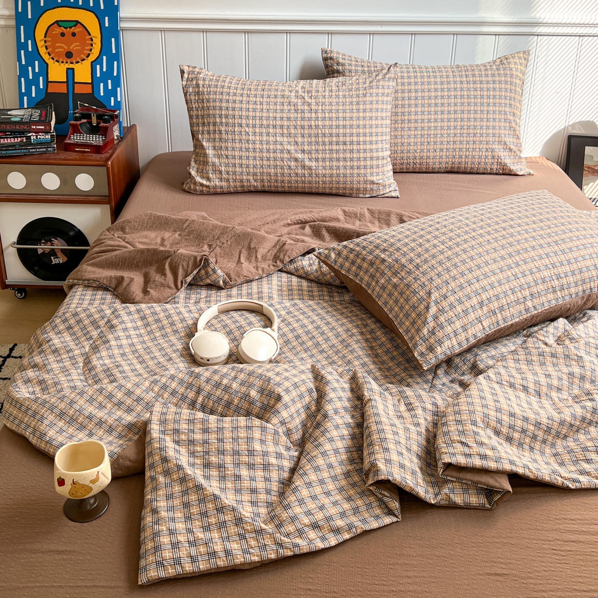 91家纺网 家纺一手货源 找家纺 禾沐  2026新款泡芙纱夏被四件套简单款 古典格