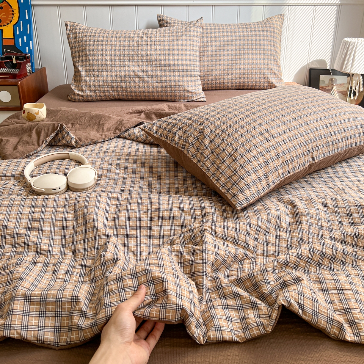 91家纺网 家纺一手货源 找家纺 禾沐  2026新款泡芙纱夏被四件套简单款 古典格