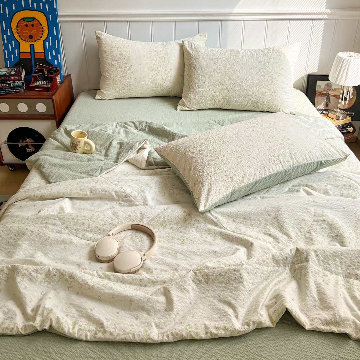 91家纺网 家纺一手货源 找家纺 禾沐  2026新款泡芙纱夏被四件套简单款 浅夏花信