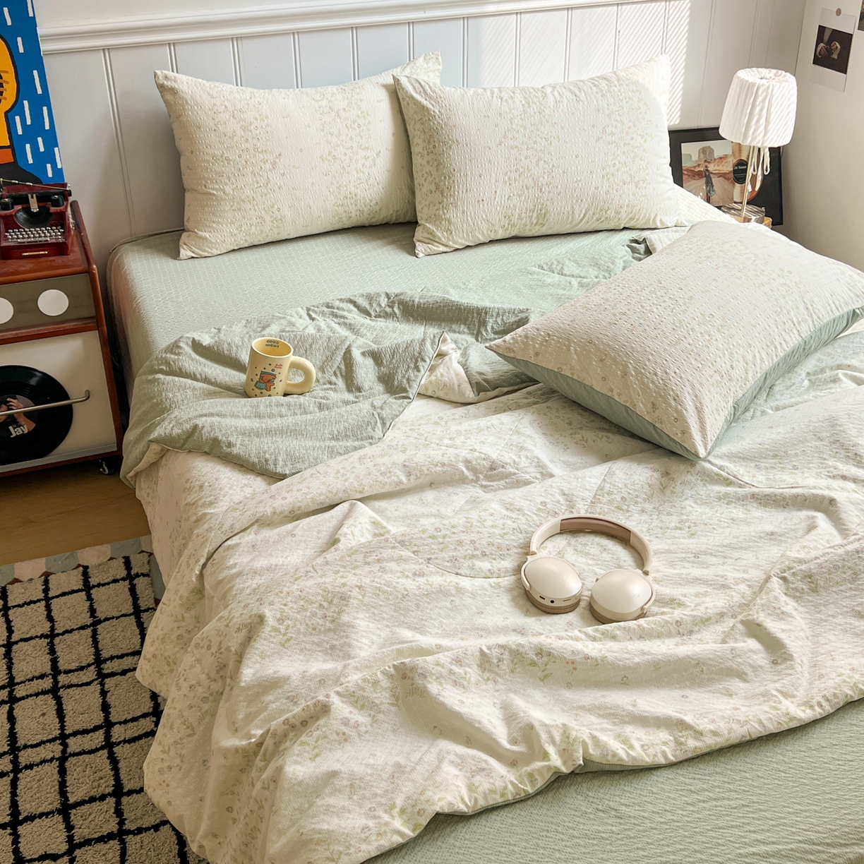 禾沐  2026新款泡芙纱夏被四件套简单款 浅夏花信