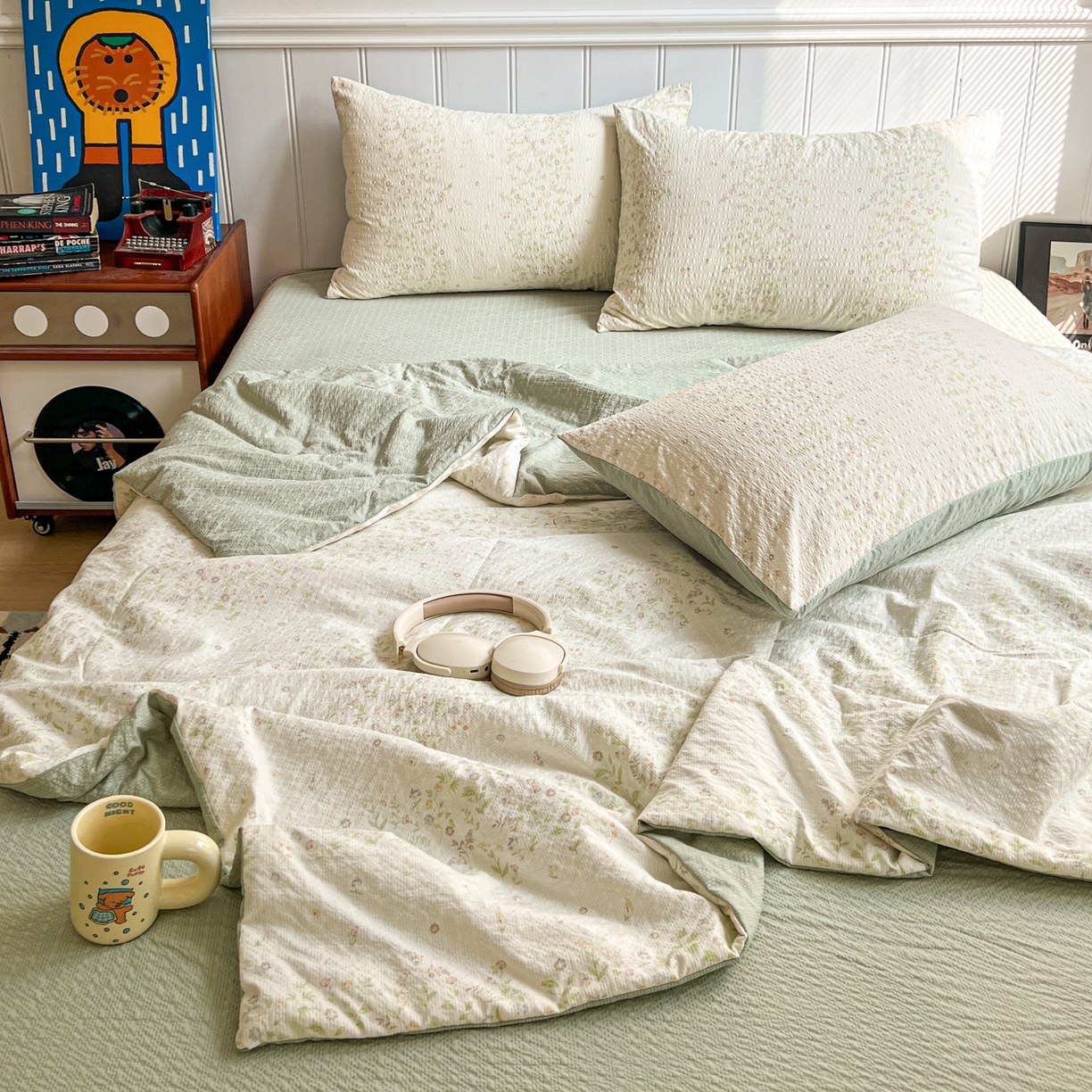 91家纺网 家纺一手货源 找家纺 禾沐  2026新款泡芙纱夏被四件套简单款 浅夏花信