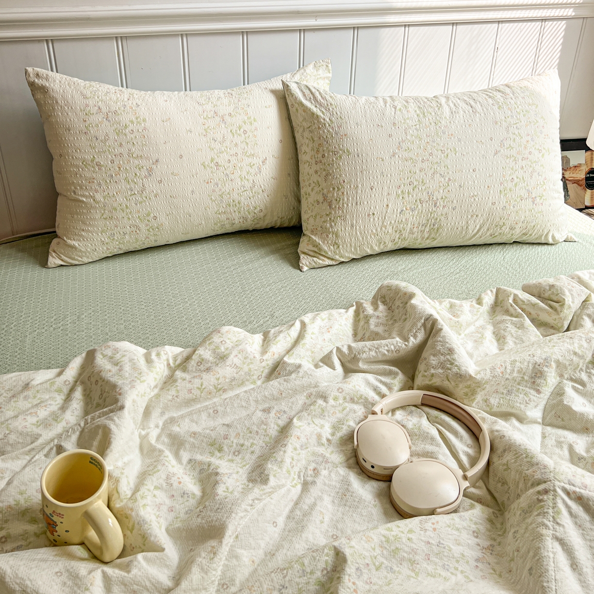 91家纺网 家纺一手货源 找家纺 禾沐  2026新款泡芙纱夏被四件套简单款 浅夏花信