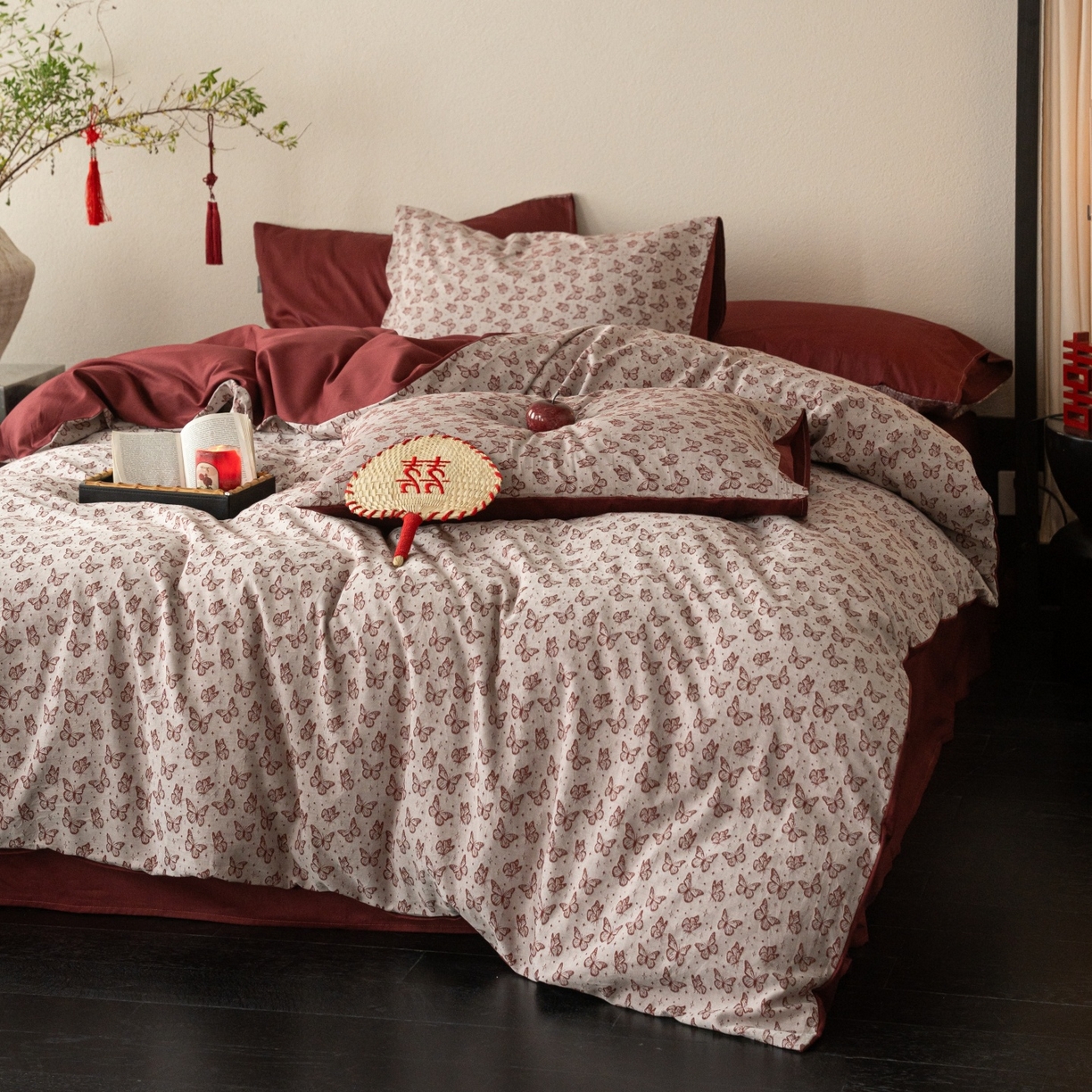 91家纺网 家纺一手货源 找家纺 （总）时光里 2026新款婚庆款60S色织水洗提花四件套