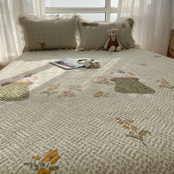 91家纺网 家纺一手货源 找家纺 （总）爱彼家纺 2026新款印花泡芙棉花边床盖三件套-泡芙床盖