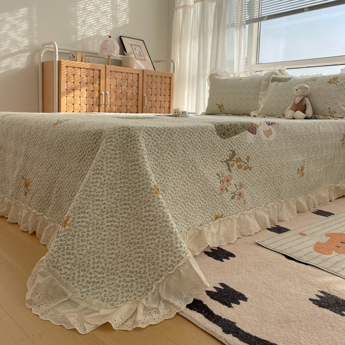 91家纺网 家纺一手货源 找家纺 （总）爱彼家纺 2026新款印花泡芙棉花边床盖三件套-泡芙床盖