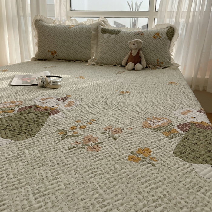 91家纺网 家纺一手货源 找家纺 （总）爱彼家纺 2026新款印花泡芙棉花边床盖三件套-泡芙床盖