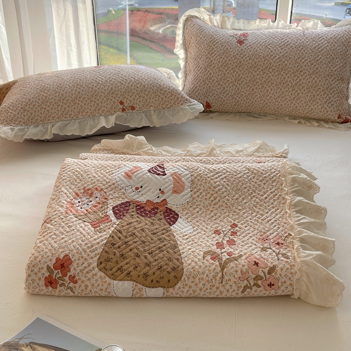 91家纺网 家纺一手货源 找家纺 （总）爱彼家纺 2026新款印花泡芙棉花边床盖三件套-泡芙床盖