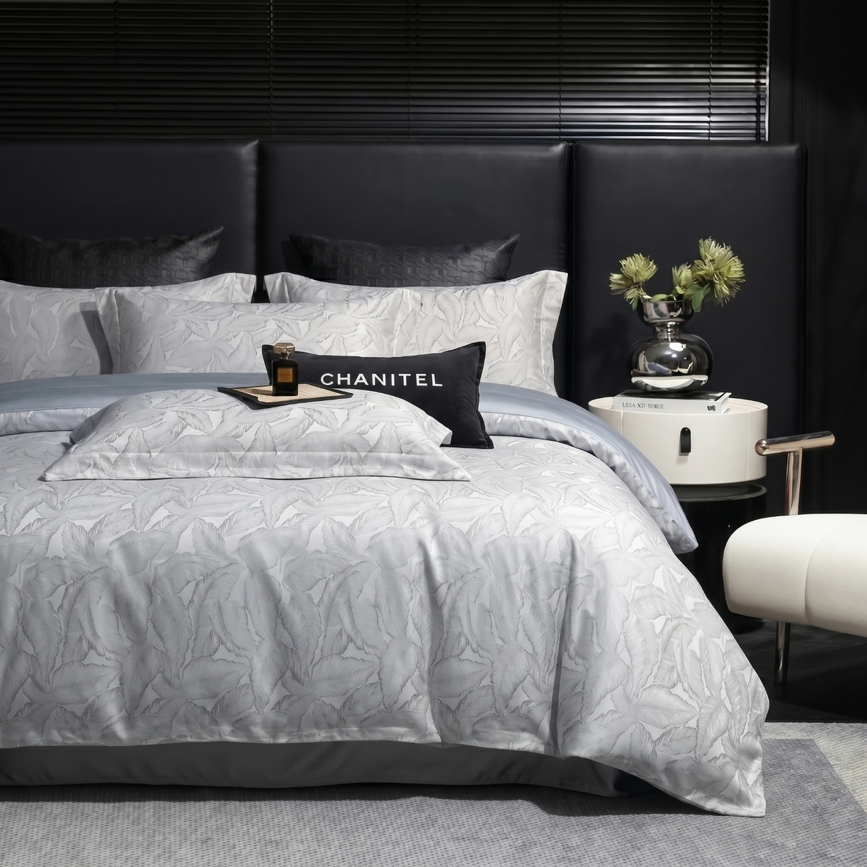 91家纺网 家纺一手货源 找家纺 悦织湾家纺 2026新款轻奢冰丝提花四件套凉感夏秋床上用品三四件套 雾屿蓝叶