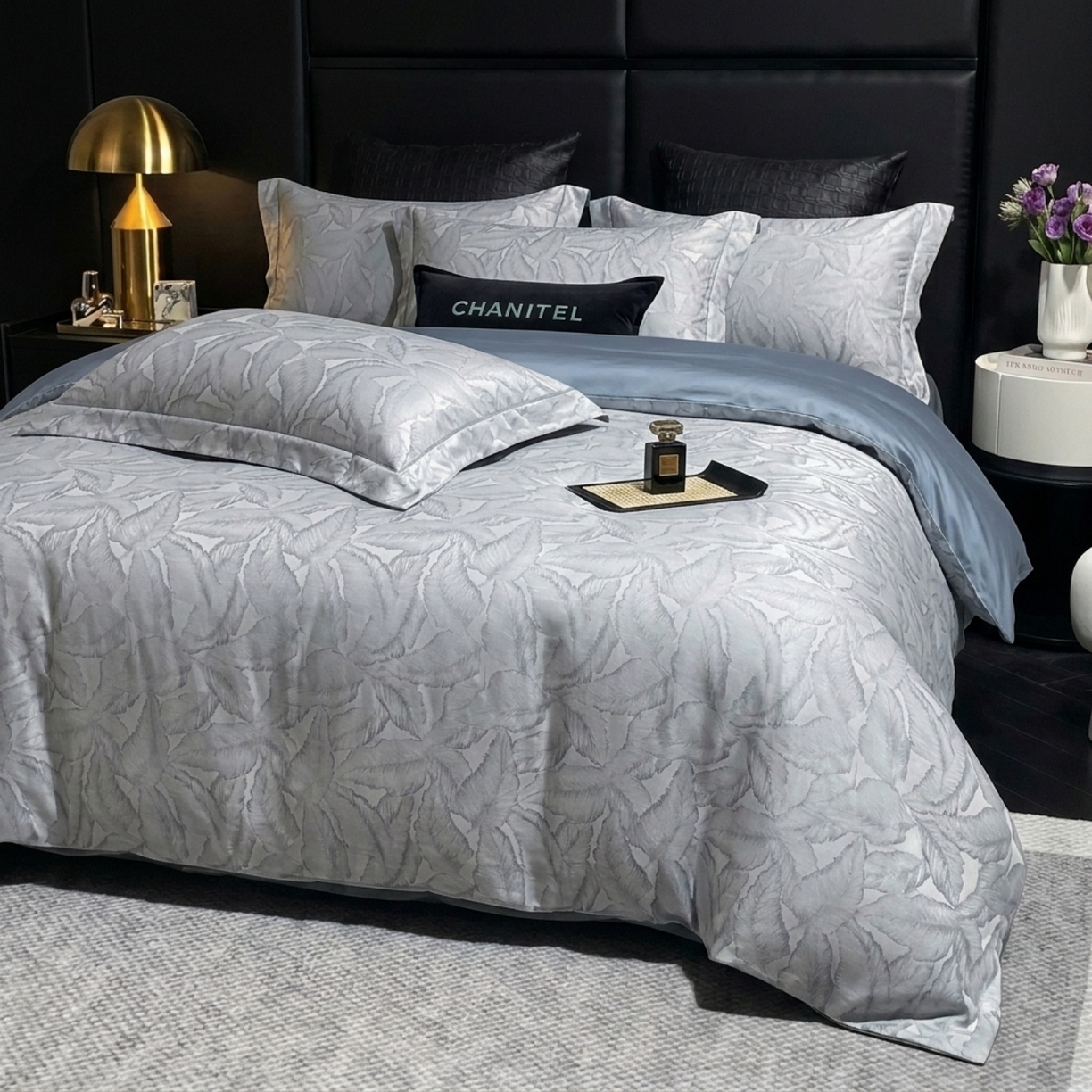 91家纺网 家纺一手货源 找家纺 悦织湾家纺 2026新款轻奢冰丝提花四件套凉感夏秋床上用品三四件套 雾屿蓝叶