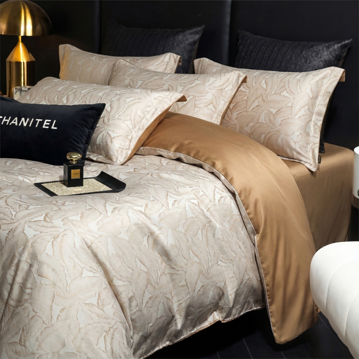 91家纺网 家纺一手货源 找家纺 悦织湾家纺 2026新款轻奢冰丝提花四件套凉感夏秋床上用品三四件套 金叶雅韵