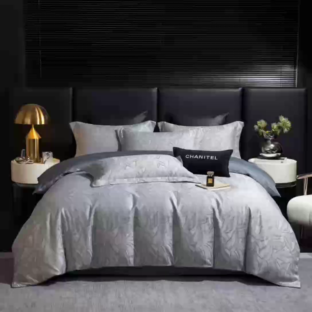 91家纺网 家纺一手货源 找家纺 悦织湾家纺 2026新款轻奢冰丝提花四件套凉感夏秋床上用品三四件套 雾屿蓝叶