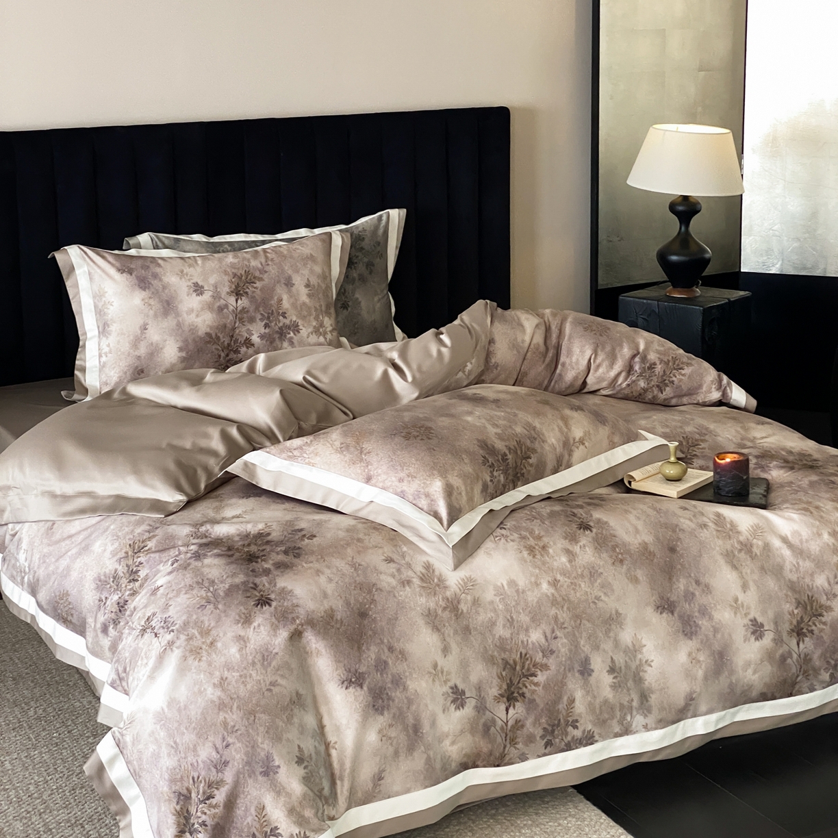 91家纺网 家纺一手货源 找家纺 赫帛 2026新款高端舒柔棉纯棉数码印花四件套-江南墨韵系列 江南墨韵-咖色