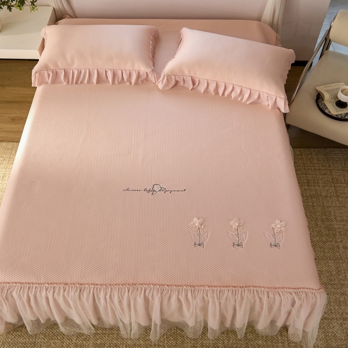 91家纺网 家纺一手货源 找家纺 （总）金绣美居 2026春夏新款绣花款床裙凉席席子空调软席三件套-清裳