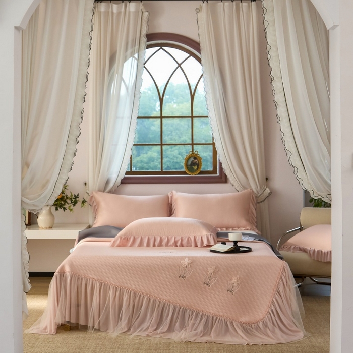 91家纺网 家纺一手货源 找家纺 （总）金绣美居 2026春夏新款绣花款床裙凉席席子空调软席三件套-清裳