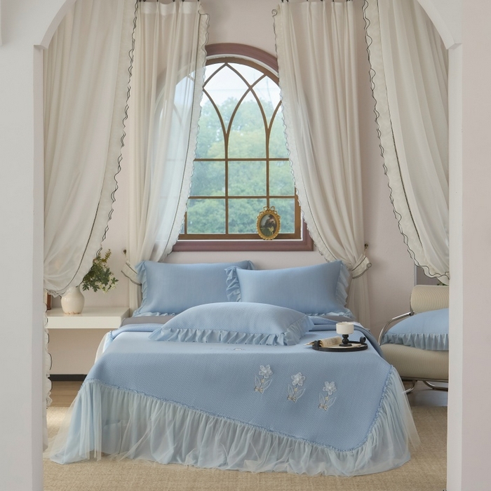 91家纺网 家纺一手货源 找家纺 （总）金绣美居 2026春夏新款绣花款床裙凉席席子空调软席三件套-清裳