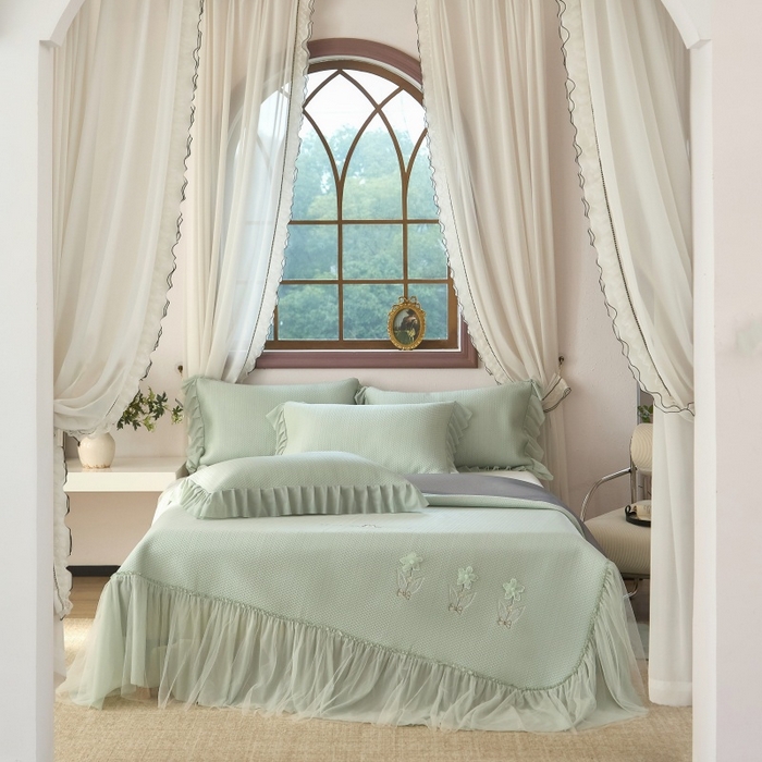 91家纺网 家纺一手货源 找家纺 （总）金绣美居 2026春夏新款绣花款床裙凉席席子空调软席三件套-清裳