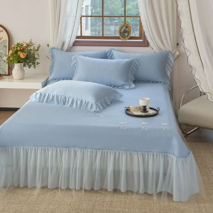 91家纺网 家纺一手货源 找家纺 金绣美居 2026春夏新款绣花款床裙凉席席子空调软席三件套-清裳 清裳-蓝色