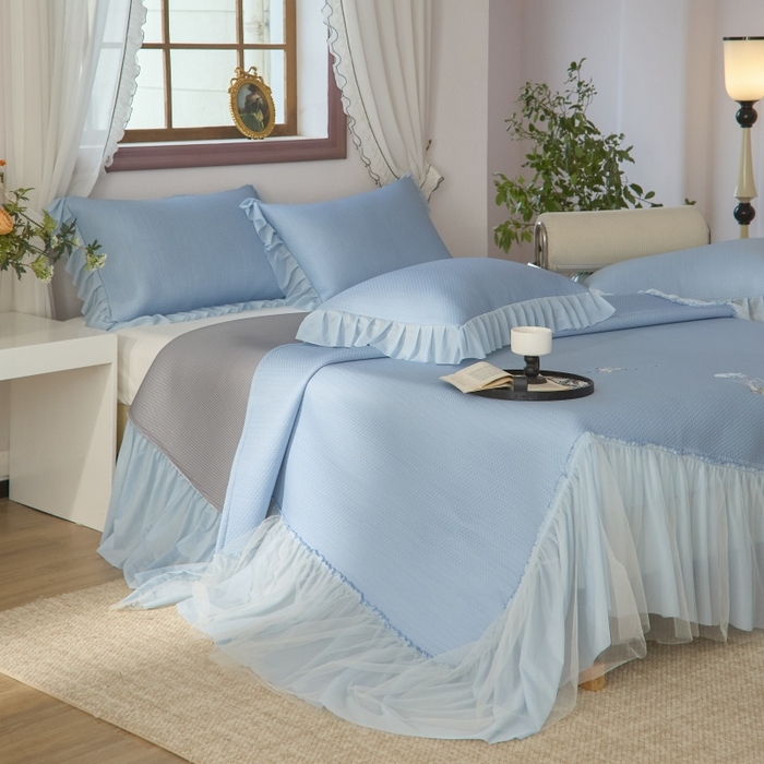 91家纺网 家纺一手货源 找家纺 金绣美居 2026春夏新款绣花款床裙凉席席子空调软席三件套-清裳 清裳-蓝色