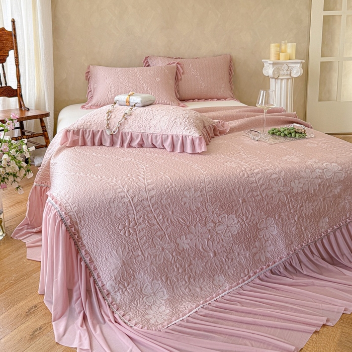 91家纺网 家纺一手货源 找家纺 赫本家纺  2026新款PE高分子单泡提花凉感复合凉席三件套 莫兰迪-粉