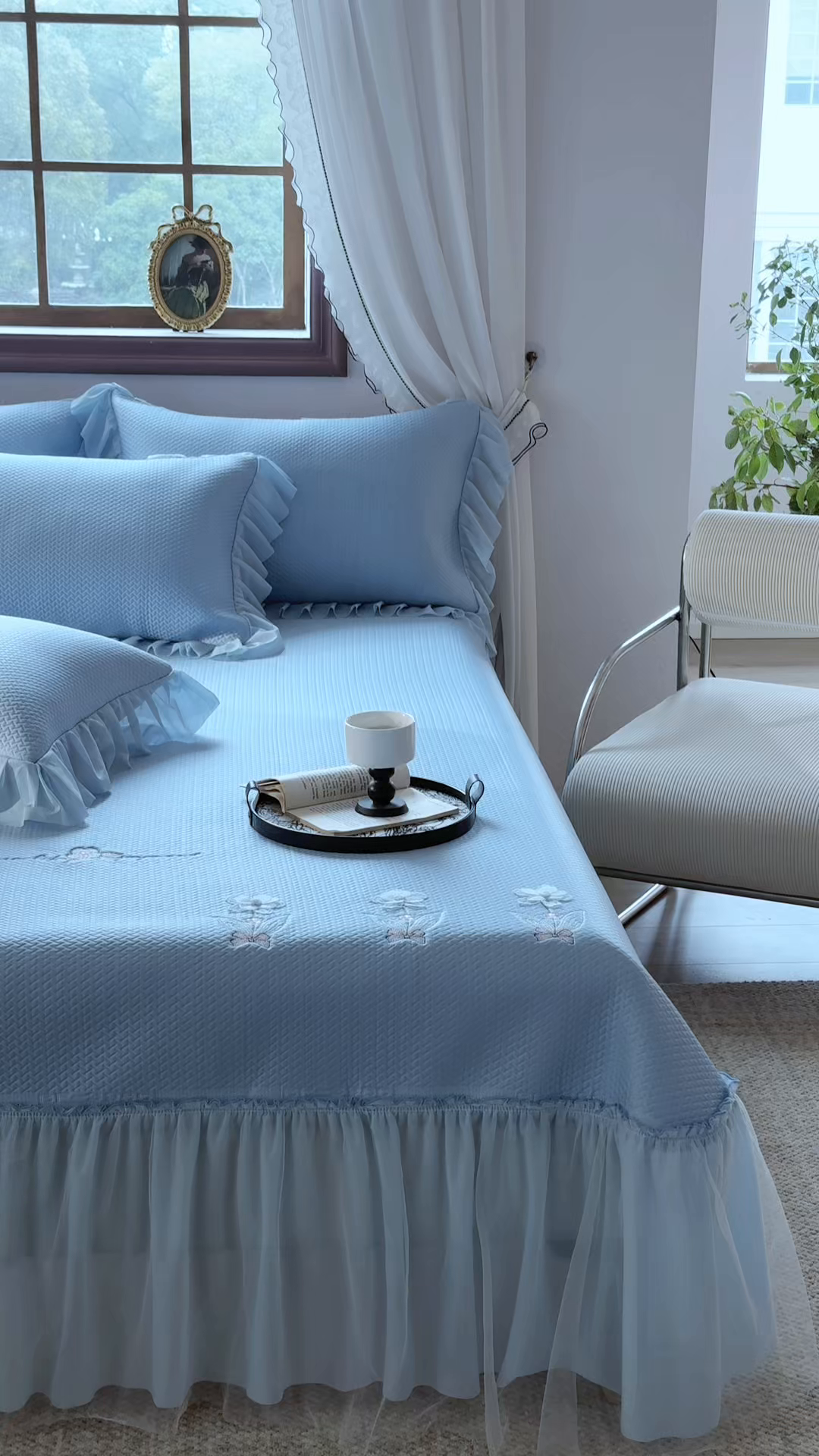 91家纺网 家纺一手货源 找家纺 金绣美居 2026春夏新款绣花款床裙凉席席子空调软席三件套-清裳 清裳-蓝色