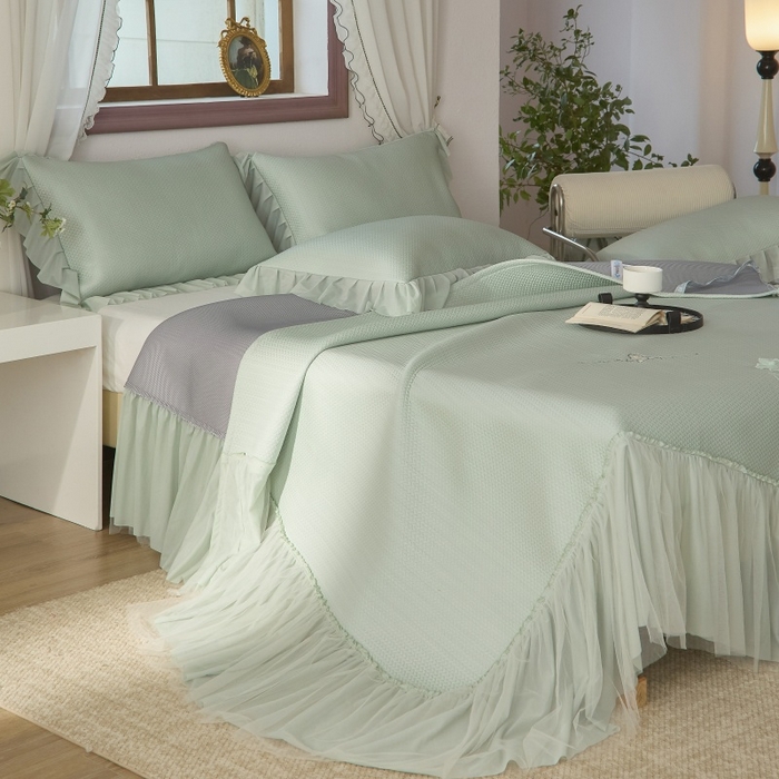 91家纺网 家纺一手货源 找家纺 金绣美居 2026春夏新款绣花款床裙凉席席子空调软席三件套-清裳 清裳-绿色