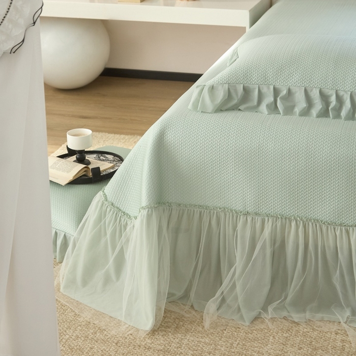 91家纺网 家纺一手货源 找家纺 金绣美居 2026春夏新款绣花款床裙凉席席子空调软席三件套-清裳 清裳-绿色