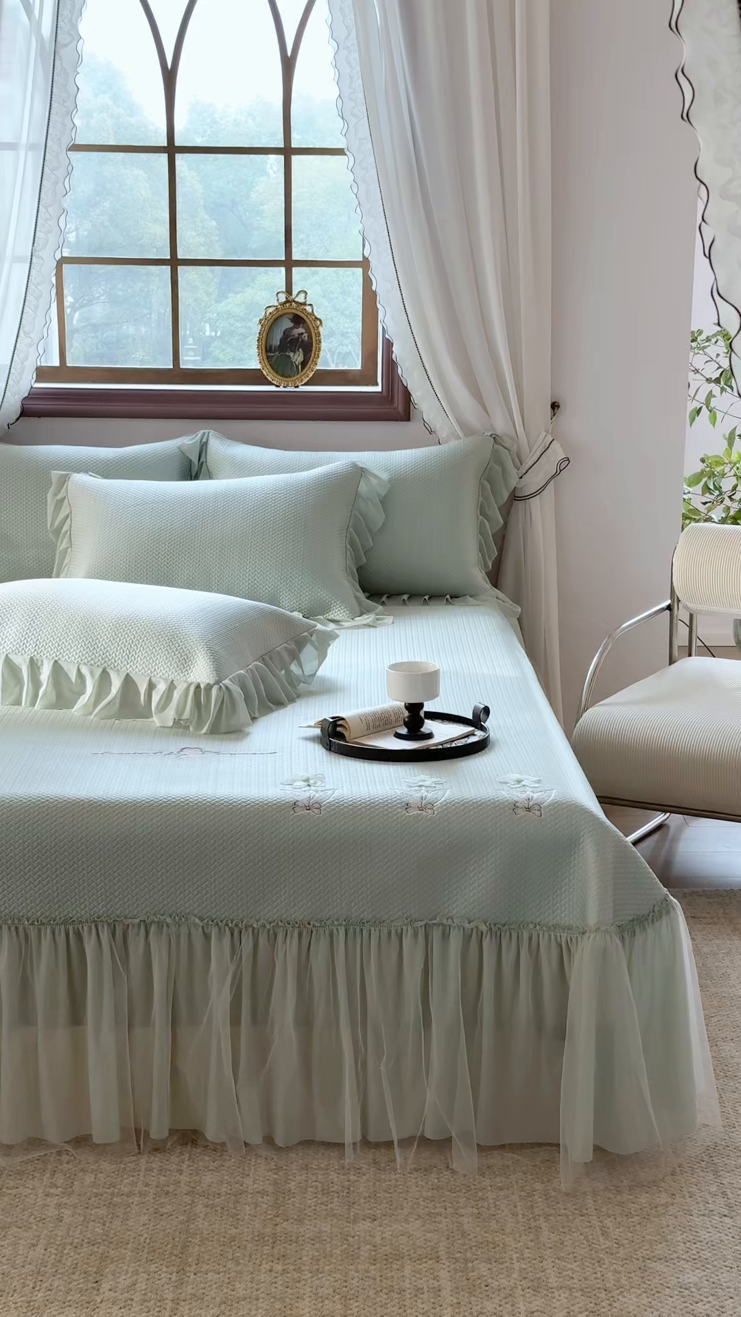 91家纺网 家纺一手货源 找家纺 金绣美居 2026春夏新款绣花款床裙凉席席子空调软席三件套-清裳 清裳-绿色