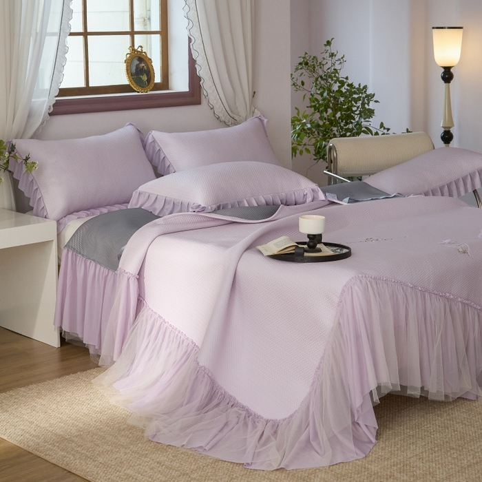 91家纺网 家纺一手货源 找家纺 金绣美居 2026春夏新款绣花款床裙凉席席子空调软席三件套-清裳 清裳-紫色