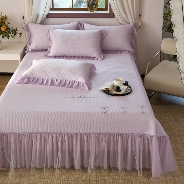 91家纺网 家纺一手货源 找家纺 金绣美居 2026春夏新款绣花款床裙凉席席子空调软席三件套-清裳 清裳-紫色