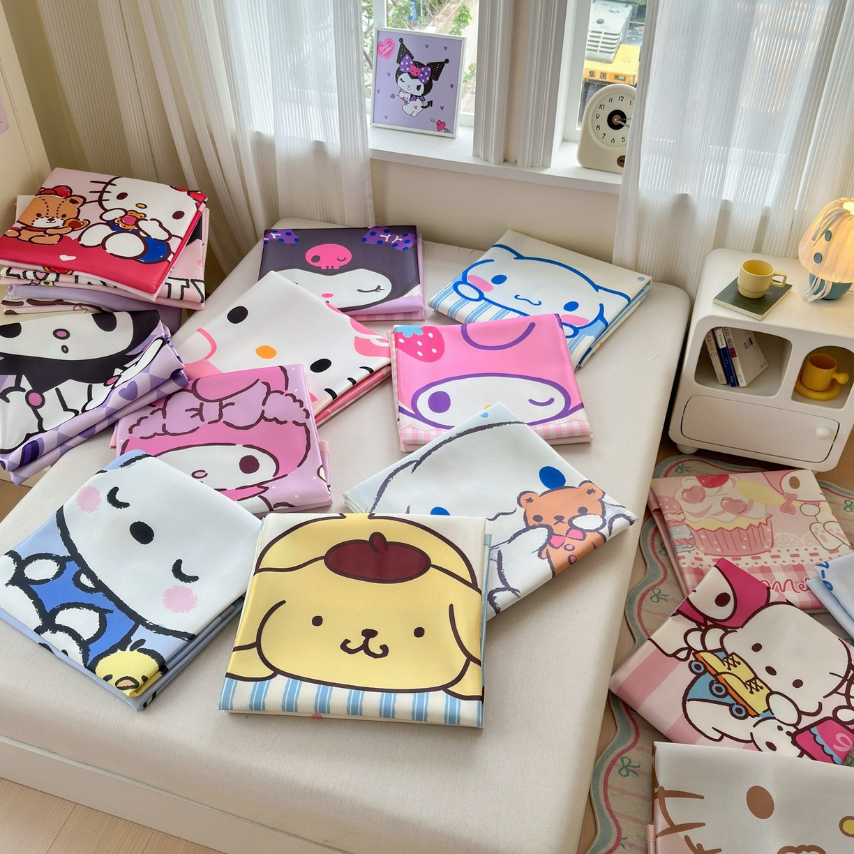 91家纺网 家纺一手货源 找家纺 桃子家居 2026新款A类三丽鸥授权数码印花中分子1200D凉感冰丝宽边凉感软席凉席席子 组合图仅做展示不可下单