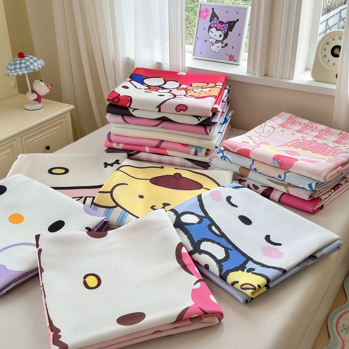 91家纺网 家纺一手货源 找家纺 桃子家居 2026新款A类三丽鸥授权数码印花中分子1200D凉感冰丝宽边凉感软席凉席席子 组合图仅做展示不可下单