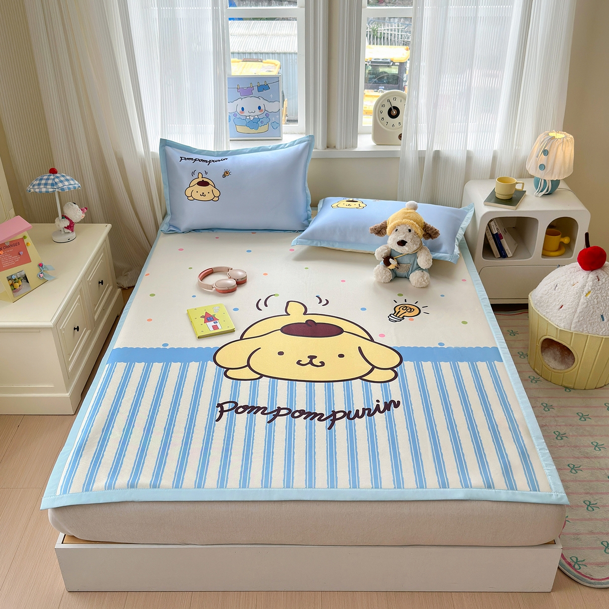 91家纺网 家纺一手货源 找家纺 桃子家居 2026新款A类三丽鸥授权数码印花中分子1200D凉感冰丝宽边凉感软席凉席席子 冰丝席-布丁狗