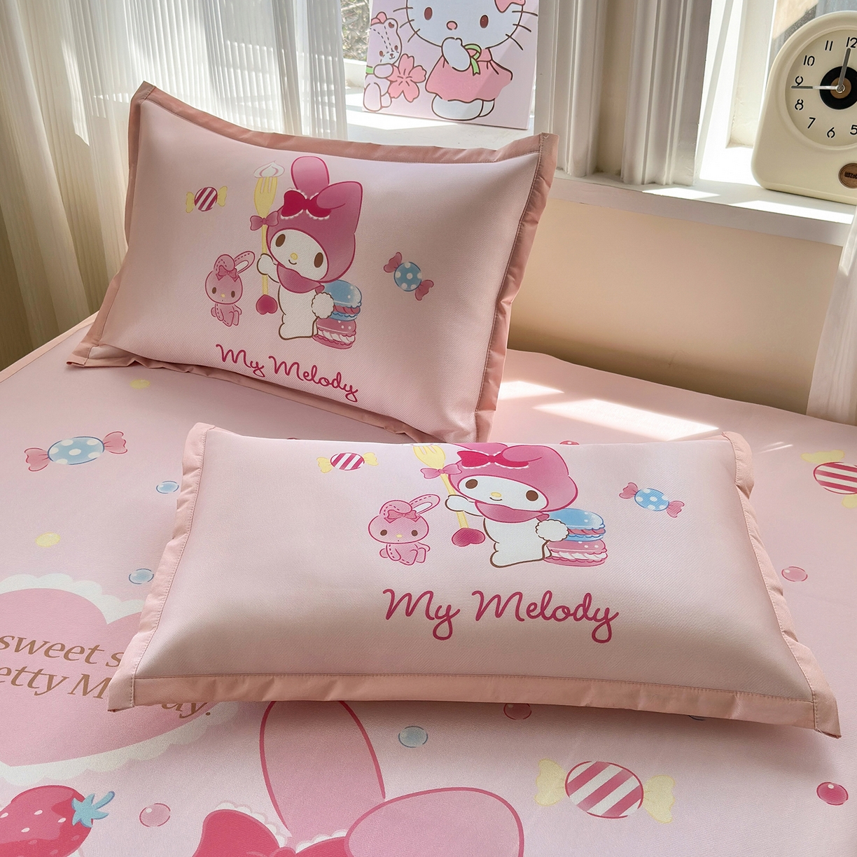 91家纺网 家纺一手货源 找家纺 桃子家居 2026新款A类三丽鸥授权数码印花中分子1200D凉感冰丝宽边凉感软席凉席席子 冰丝席-蛋糕美乐蒂