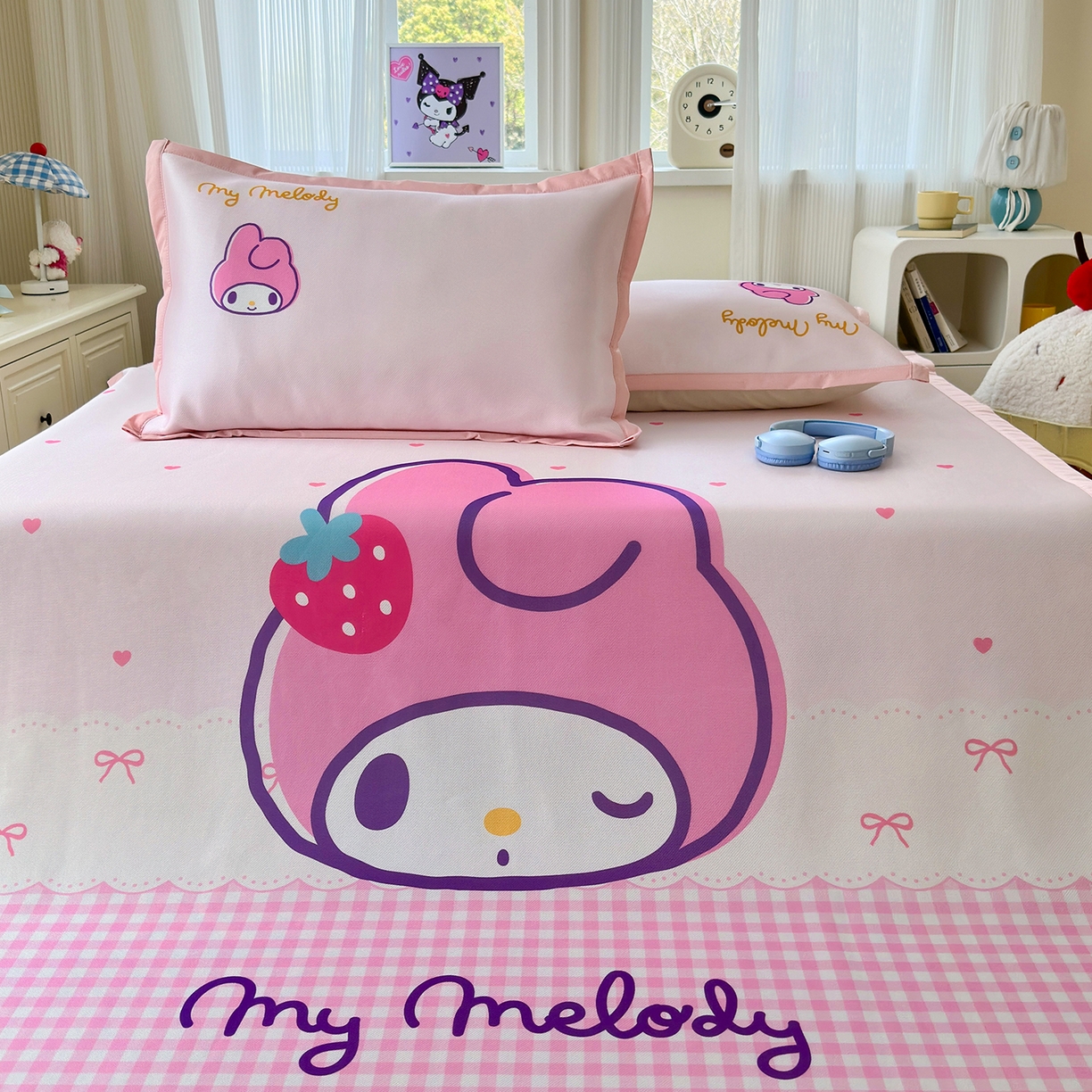 91家纺网 家纺一手货源 找家纺 桃子家居 2026新款A类三丽鸥授权数码印花中分子1200D凉感冰丝宽边凉感软席凉席席子 冰丝席-萌萌美乐蒂