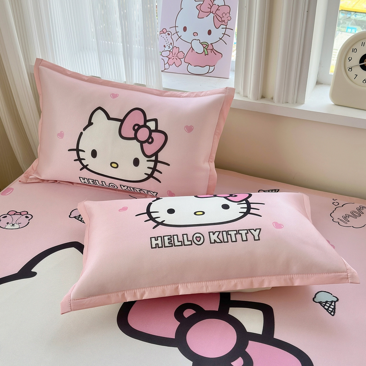 91家纺网 家纺一手货源 找家纺 桃子家居 2026新款A类三丽鸥授权数码印花中分子1200D凉感冰丝宽边凉感软席凉席席子 冰丝席-少女kt