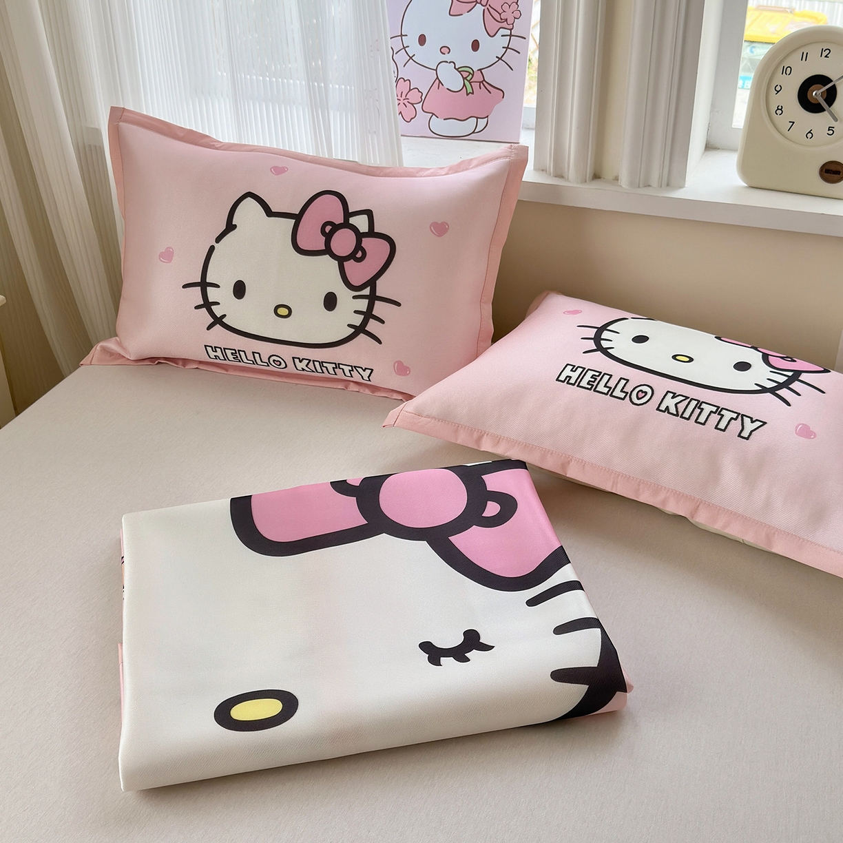 91家纺网 家纺一手货源 找家纺 桃子家居 2026新款A类三丽鸥授权数码印花中分子1200D凉感冰丝宽边凉感软席凉席席子 冰丝席-少女kt