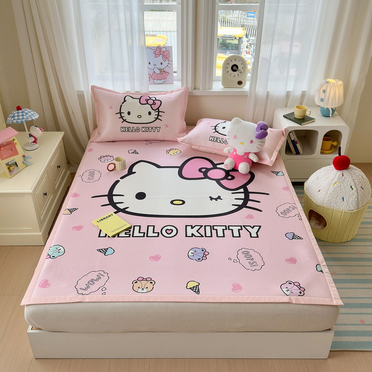 91家纺网 家纺一手货源 找家纺 桃子家居 2026新款A类三丽鸥授权数码印花中分子1200D凉感冰丝宽边凉感软席凉席席子 冰丝席-少女kt