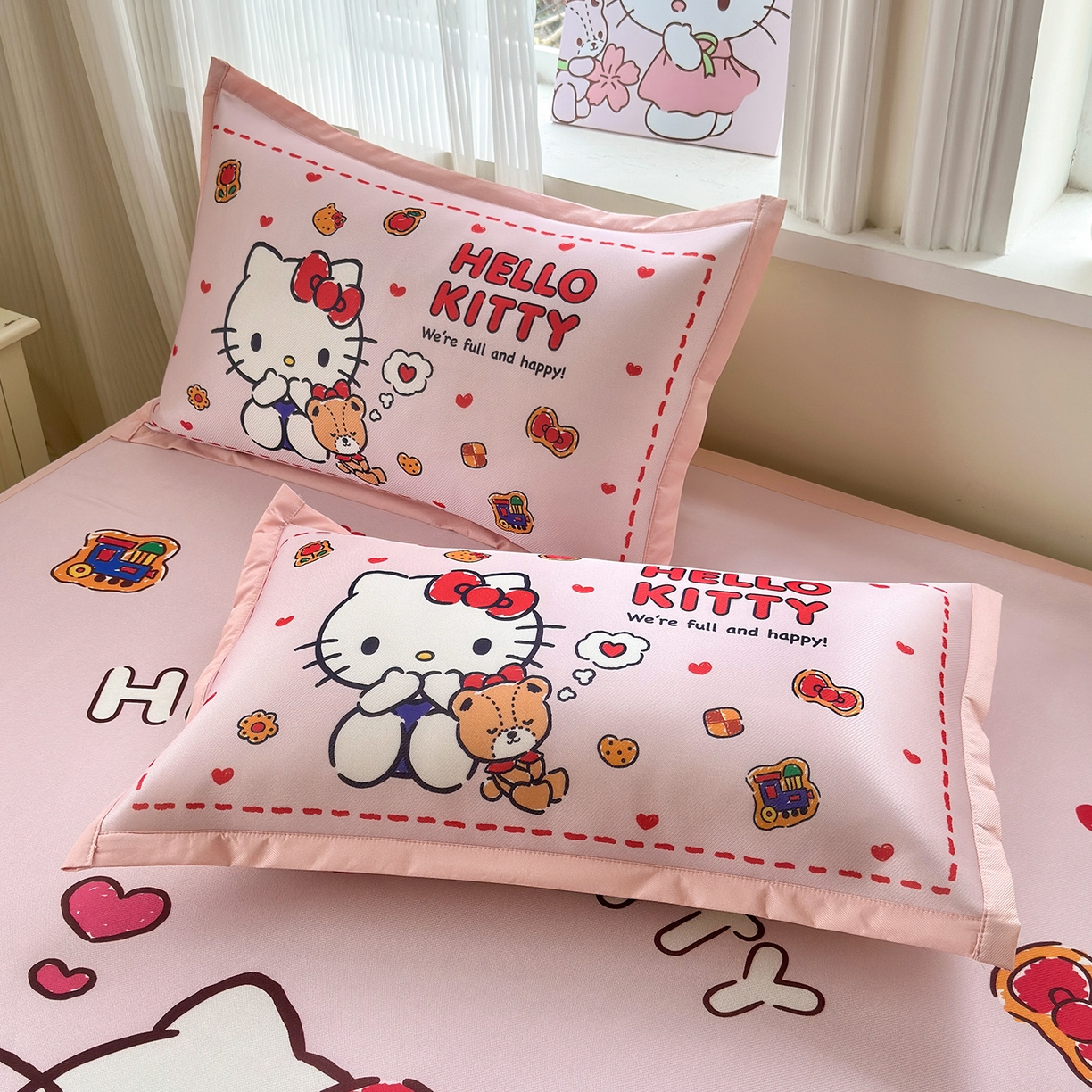 91家纺网 家纺一手货源 找家纺 桃子家居 2026新款A类三丽鸥授权数码印花中分子1200D凉感冰丝宽边凉感软席凉席席子 冰丝席-糖果牛奶kt