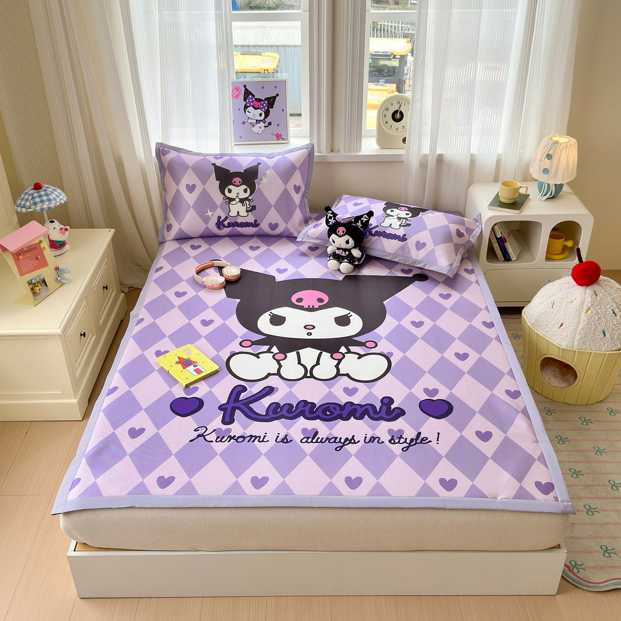 91家纺网 家纺一手货源 找家纺 桃子家居 2026新款A类三丽鸥授权数码印花中分子1200D凉感冰丝宽边凉感软席凉席席子 冰丝席-甜甜库罗米