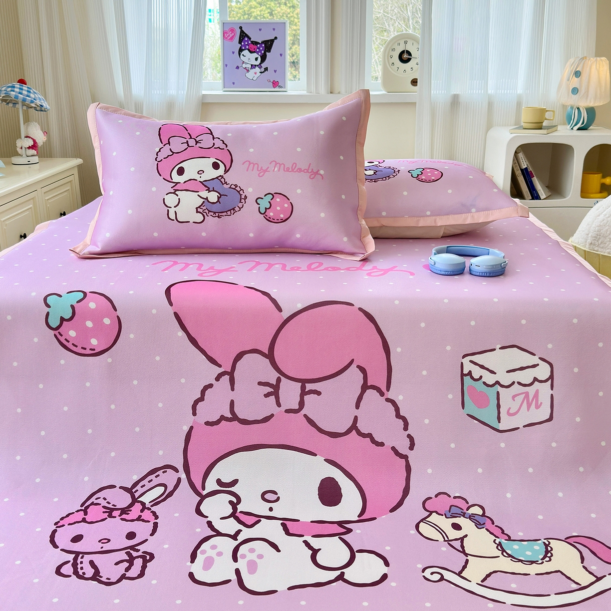 91家纺网 家纺一手货源 找家纺 桃子家居 2026新款A类三丽鸥授权数码印花中分子1200D凉感冰丝宽边凉感软席凉席席子 冰丝席-童话美乐蒂