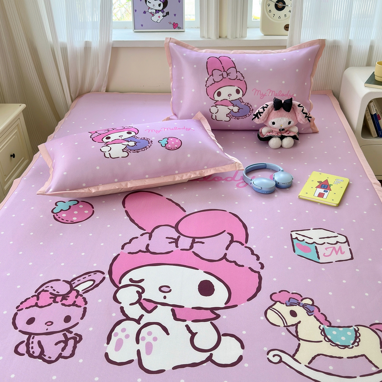 91家纺网 家纺一手货源 找家纺 桃子家居 2026新款A类三丽鸥授权数码印花中分子1200D凉感冰丝宽边凉感软席凉席席子 冰丝席-童话美乐蒂