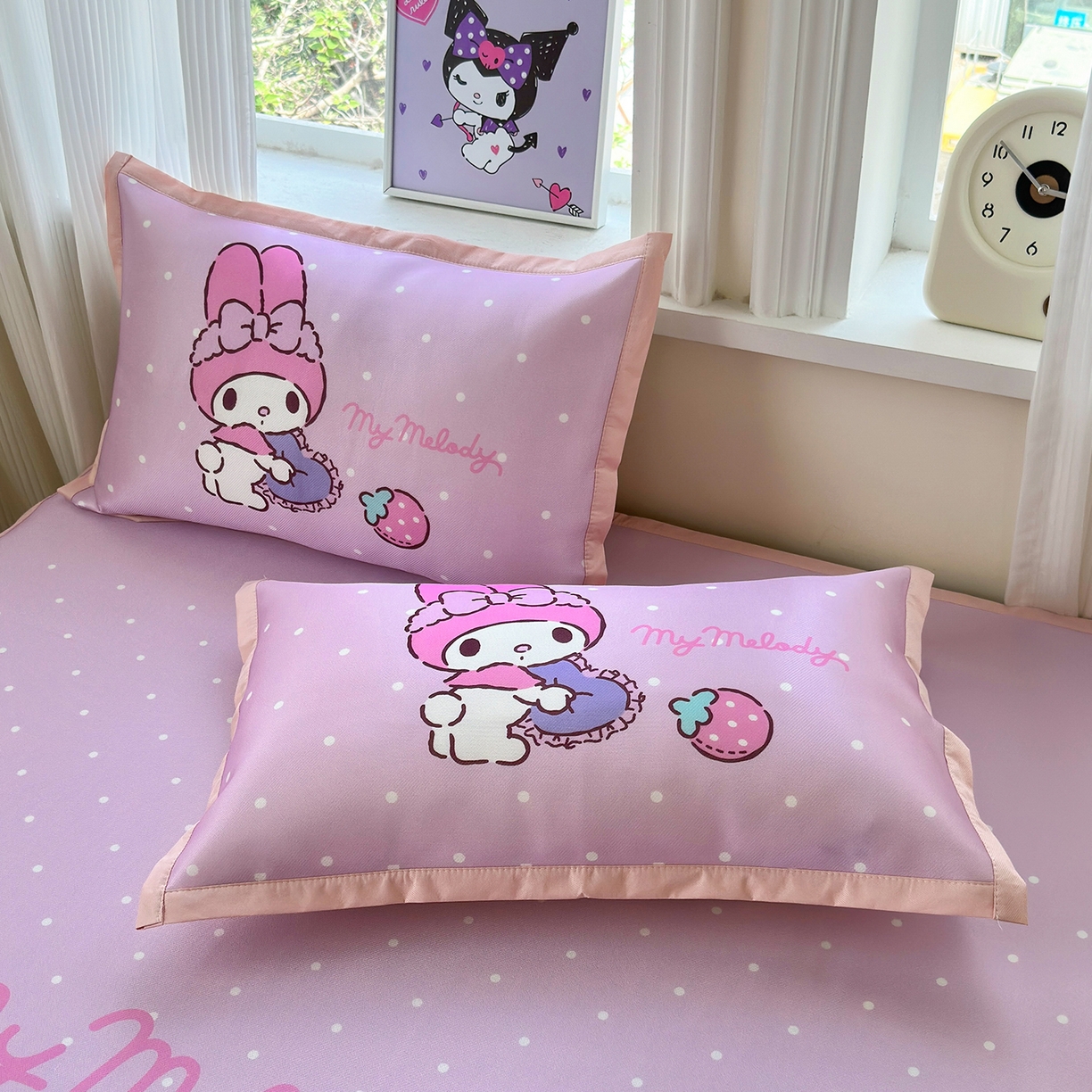 91家纺网 家纺一手货源 找家纺 桃子家居 2026新款A类三丽鸥授权数码印花中分子1200D凉感冰丝宽边凉感软席凉席席子 冰丝席-童话美乐蒂