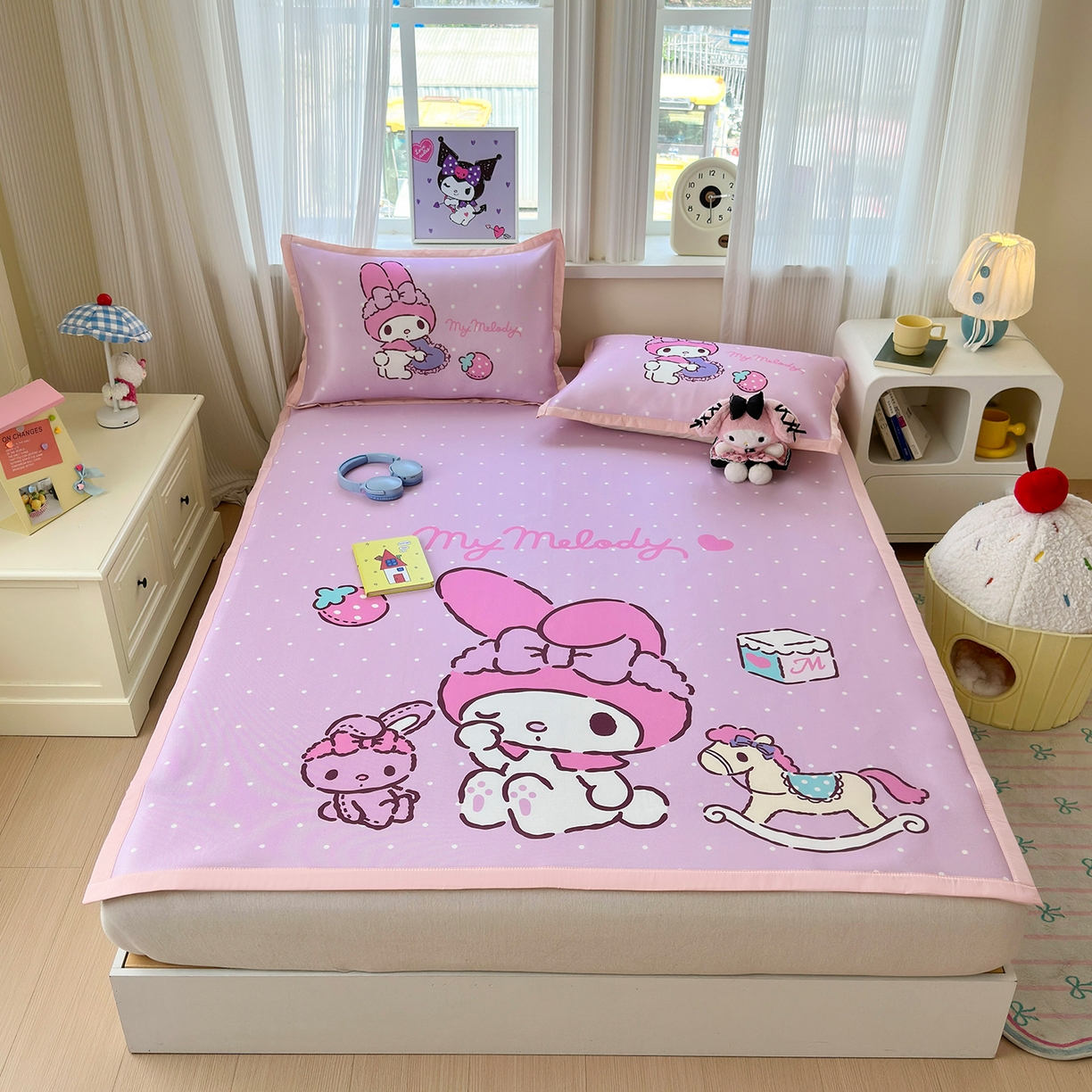 91家纺网 家纺一手货源 找家纺 桃子家居 2026新款A类三丽鸥授权数码印花中分子1200D凉感冰丝宽边凉感软席凉席席子 冰丝席-童话美乐蒂