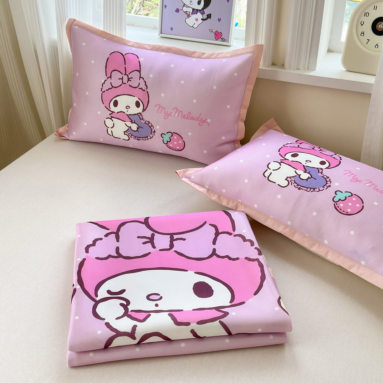 91家纺网 家纺一手货源 找家纺 桃子家居 2026新款A类三丽鸥授权数码印花中分子1200D凉感冰丝宽边凉感软席凉席席子 冰丝席-童话美乐蒂