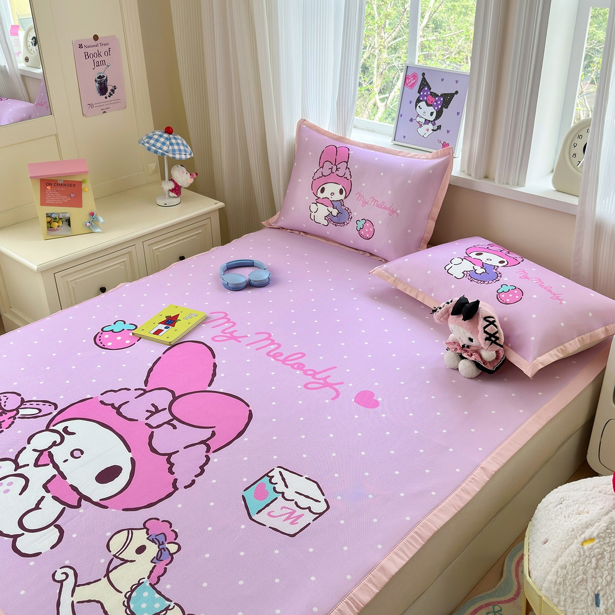 91家纺网 家纺一手货源 找家纺 桃子家居 2026新款A类三丽鸥授权数码印花中分子1200D凉感冰丝宽边凉感软席凉席席子 冰丝席-童话美乐蒂